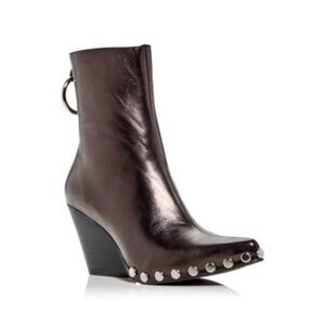 Studded Leather Wedge Zip-Up Boots - Dark Brown